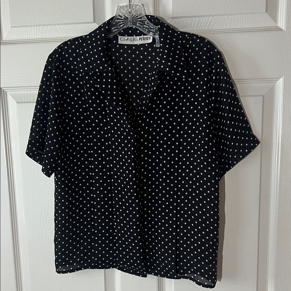 Vintage Chaus Petites Shirt Sleeve Black Polka Dot Blouse, Sz 8